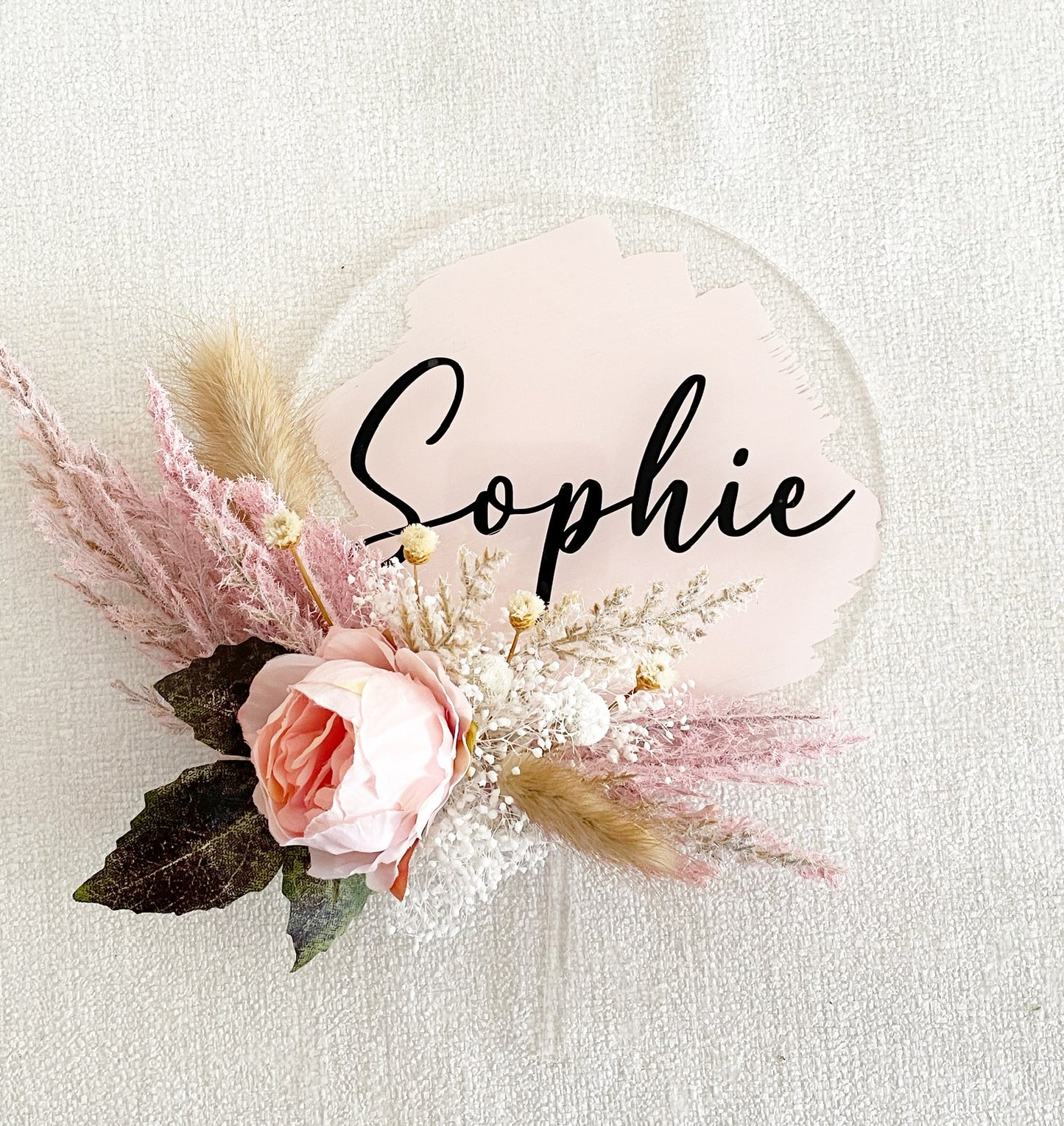 Baby Shower Personalized Acrylic Cake Topper with Dried Flowers, Clear Acrylic / Hand Painted