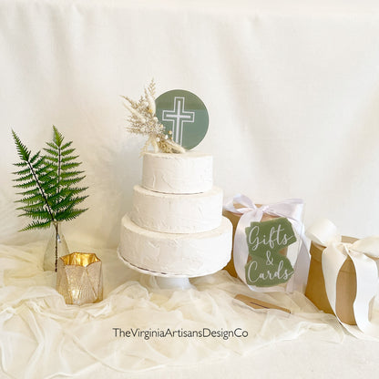 Round Acrylic Cake Topper - Dried Flowers - Baptism - Christening