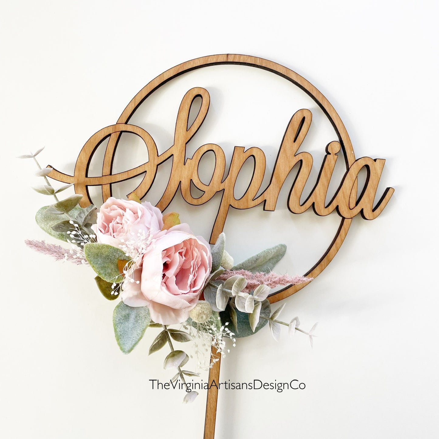 Hoop Cake Topper with Name - Blush Peonies with Lambs Ear