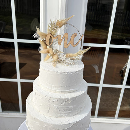 Hoop Cake Topper with Wood One Sign with Dried Flowers