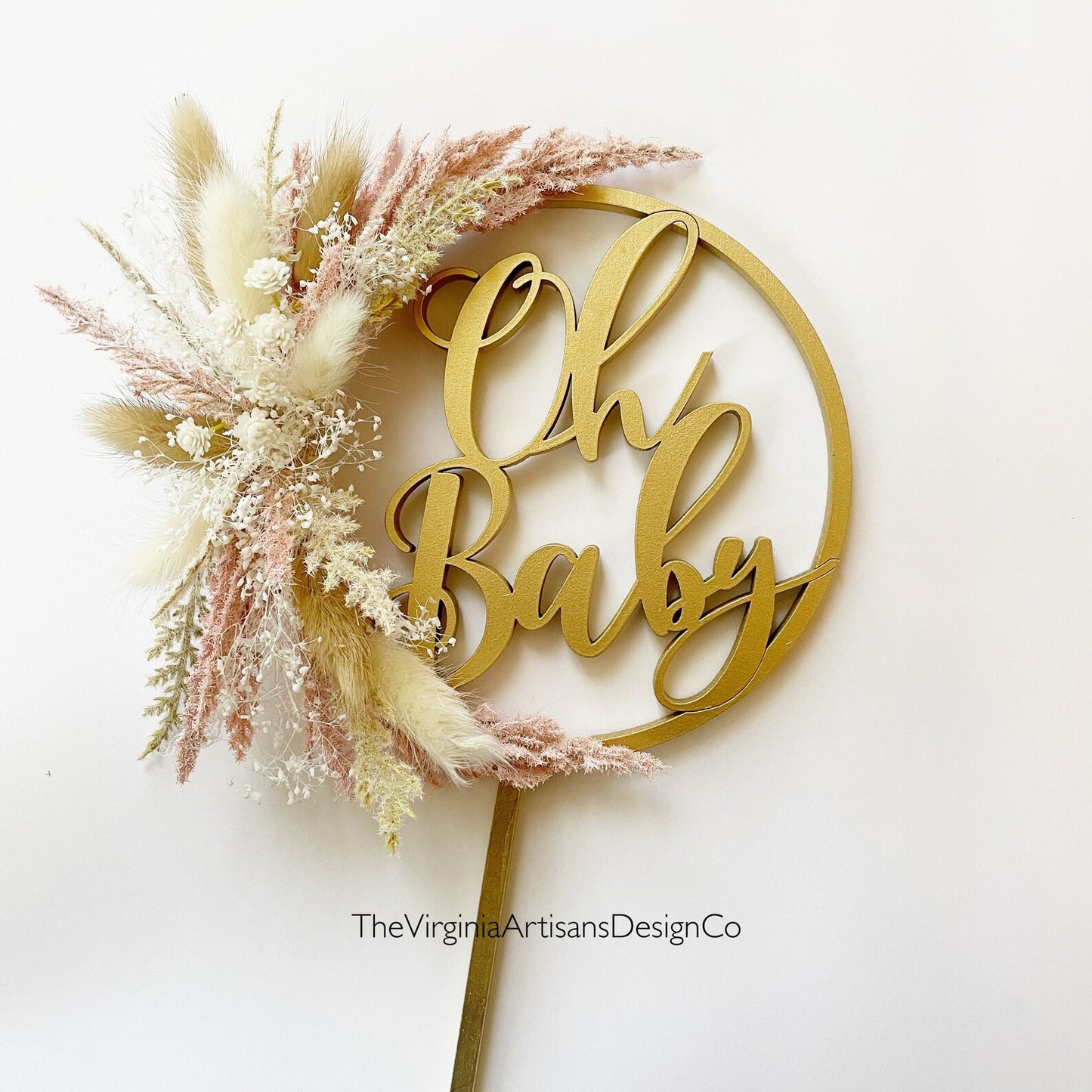 Oh Baby - Hoop Cake Topper with Blush, Cream and Blue Dried Flower Options