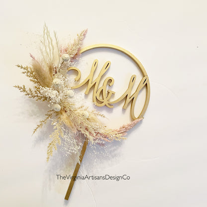 Hoop Cake Topper with Initials - Taupe or Blush Dried Flowers