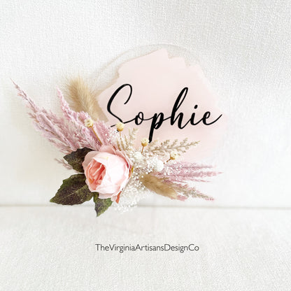 Baby Shower Personalized Acrylic Cake Topper with Dried Flowers, Clear Acrylic / Hand Painted