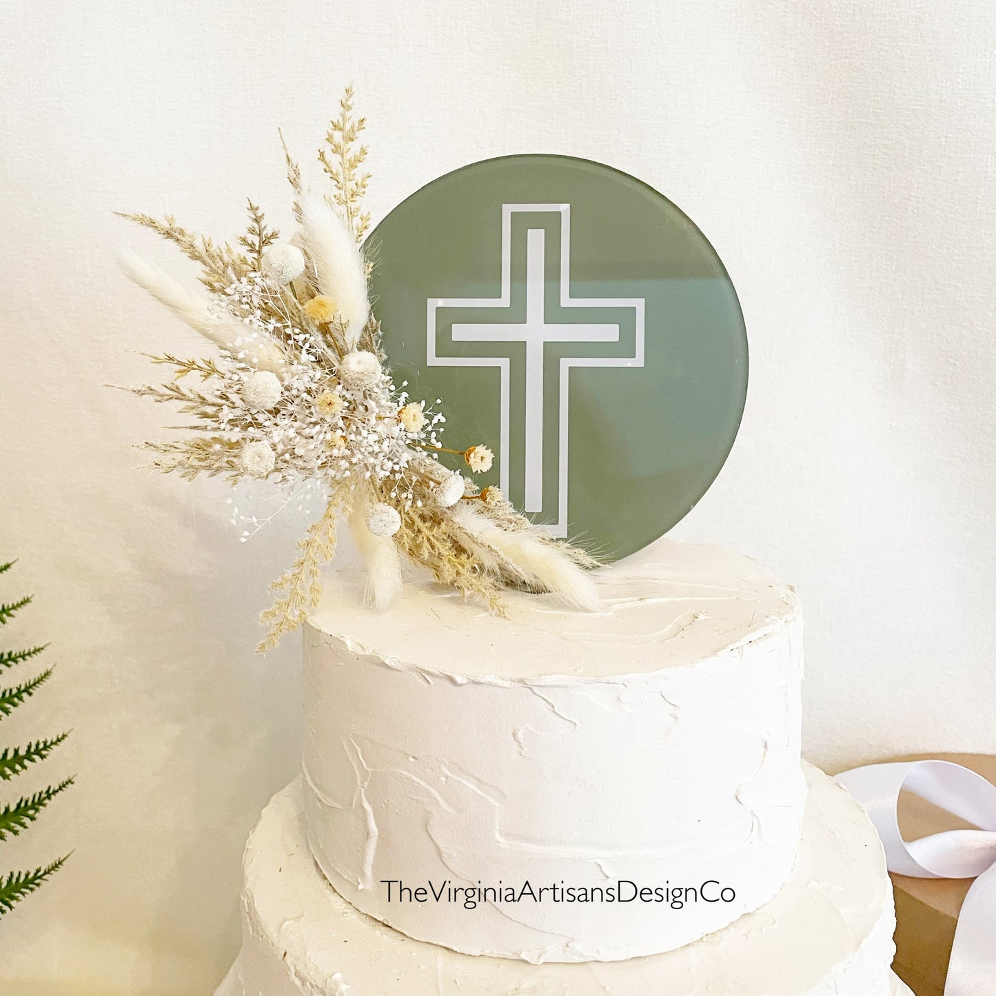Round Acrylic Cake Topper - Dried Flowers - Baptism - Christening