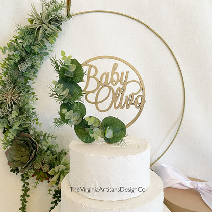 Hoop Cake Topper - With Baby Name - Eucalyptus Florals