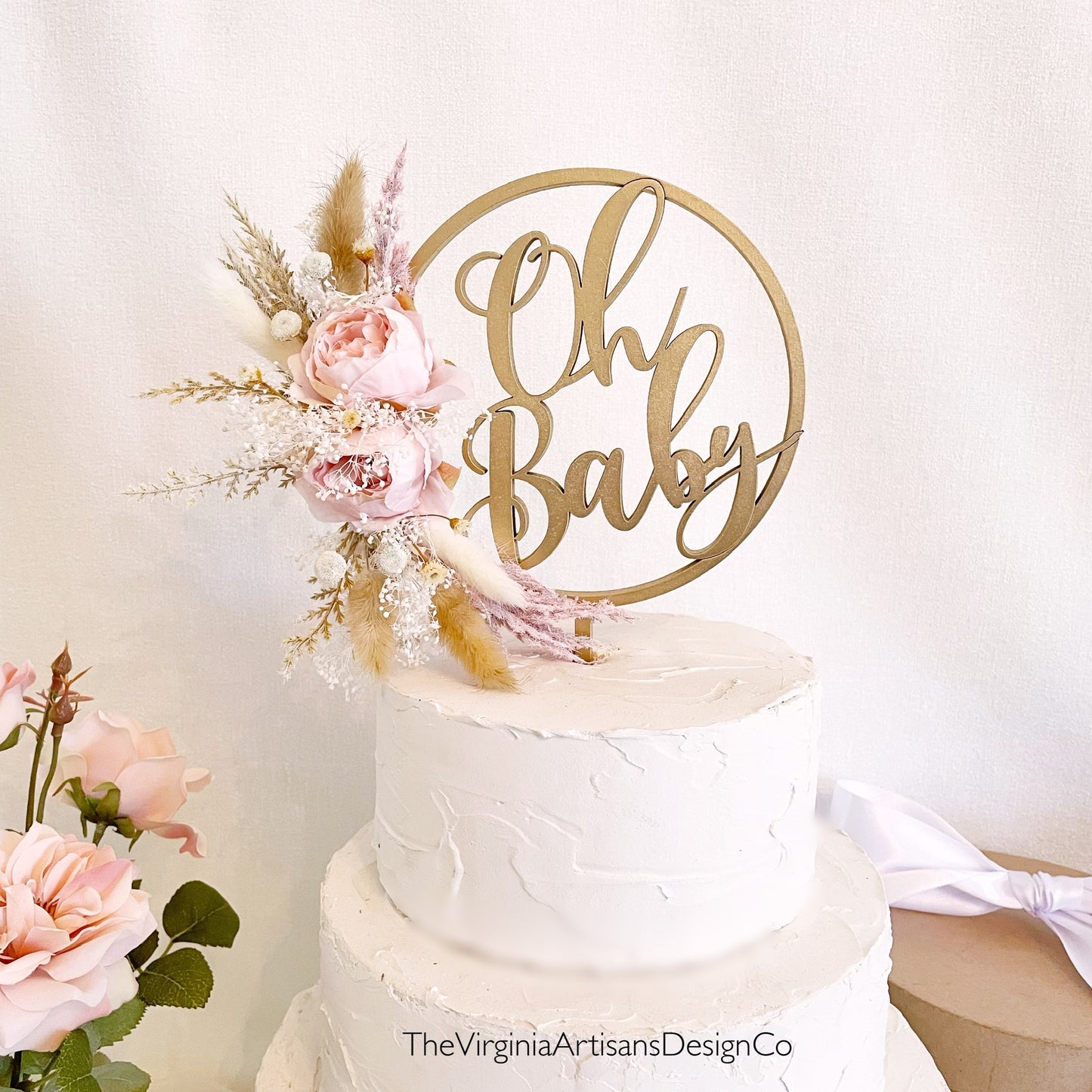 Oh Baby - Hoop Cake Topper with Two Blush Peonies and Dried Flowers