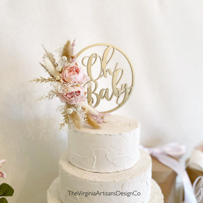 Oh Baby - Hoop Cake Topper with Two Blush Peonies and Dried Flowers