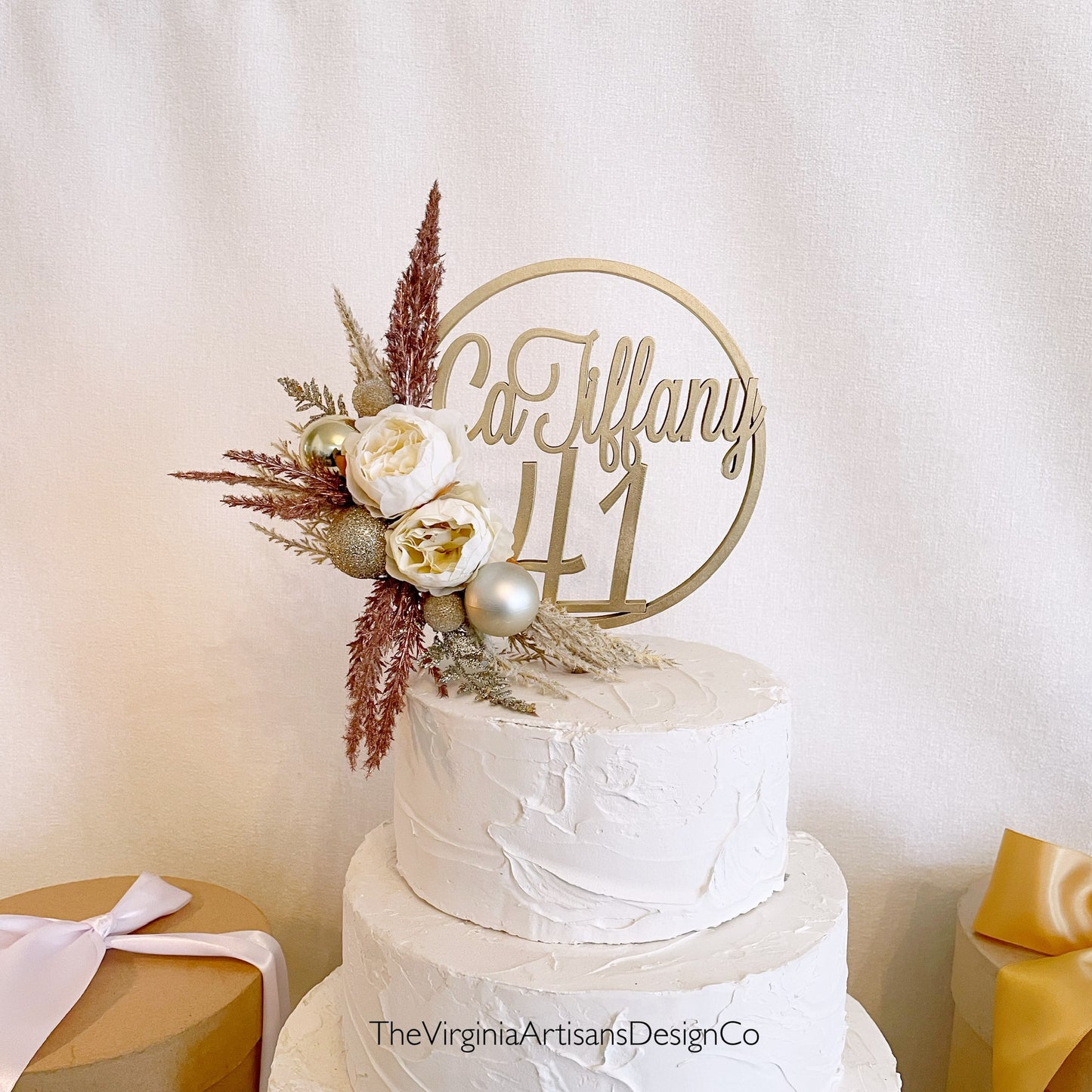 Personalized Birthday Cake Topper with Number and dried flowers - Cream, Silver and Copper Theme