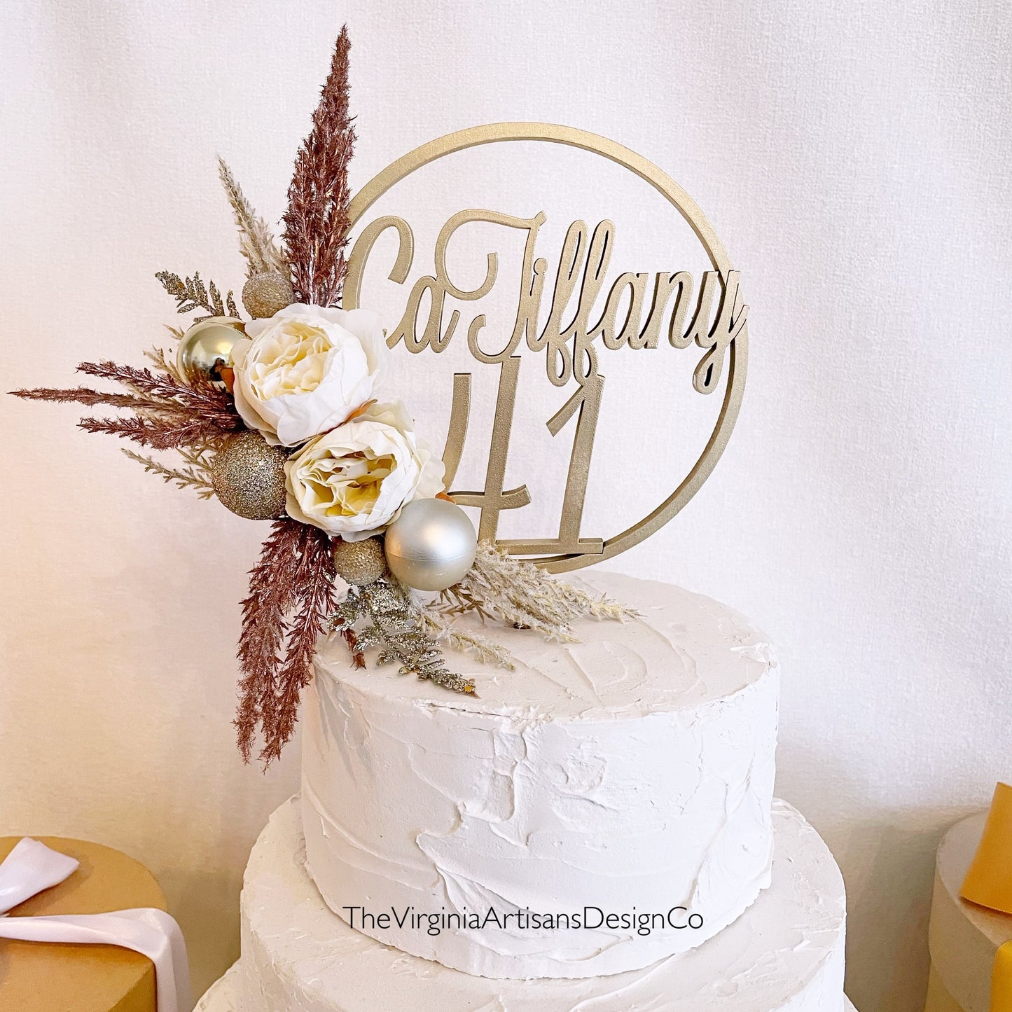Personalized Birthday Cake Topper with Number and dried flowers - Cream, Silver and Copper Theme