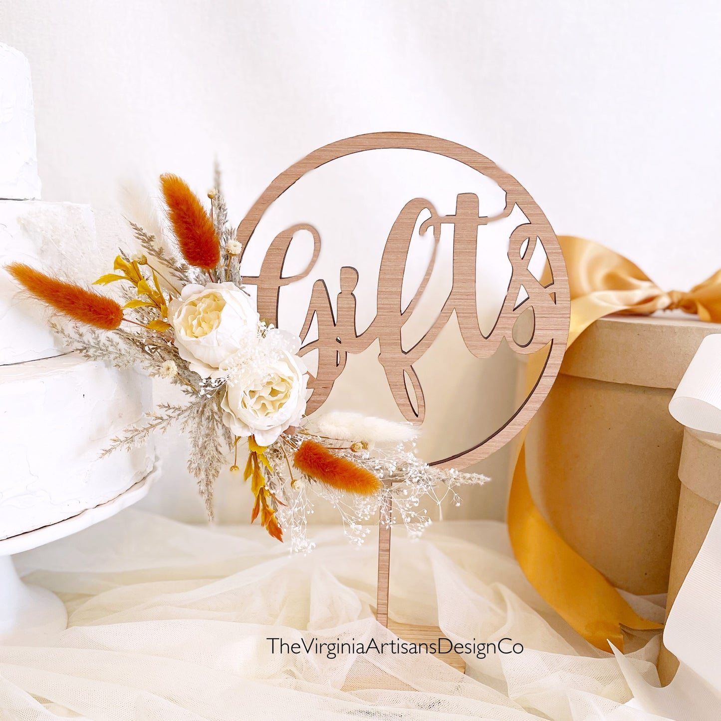Hoop Wedding Gifts Table Sign with Two Small Cream Peonies in Terracotta and Rust Theme