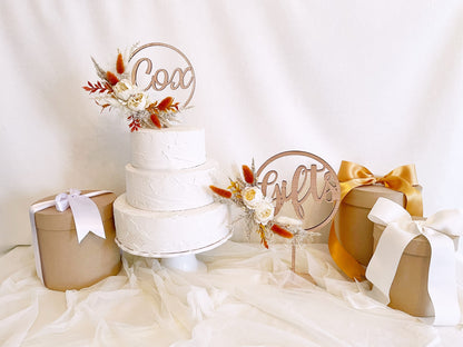 Personalized Floral Hoop Cake Topper - Cream, Terracotta and Rust Dried Flowers