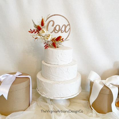 Personalized Floral Hoop Cake Topper - Cream, Terracotta and Rust Dried Flowers