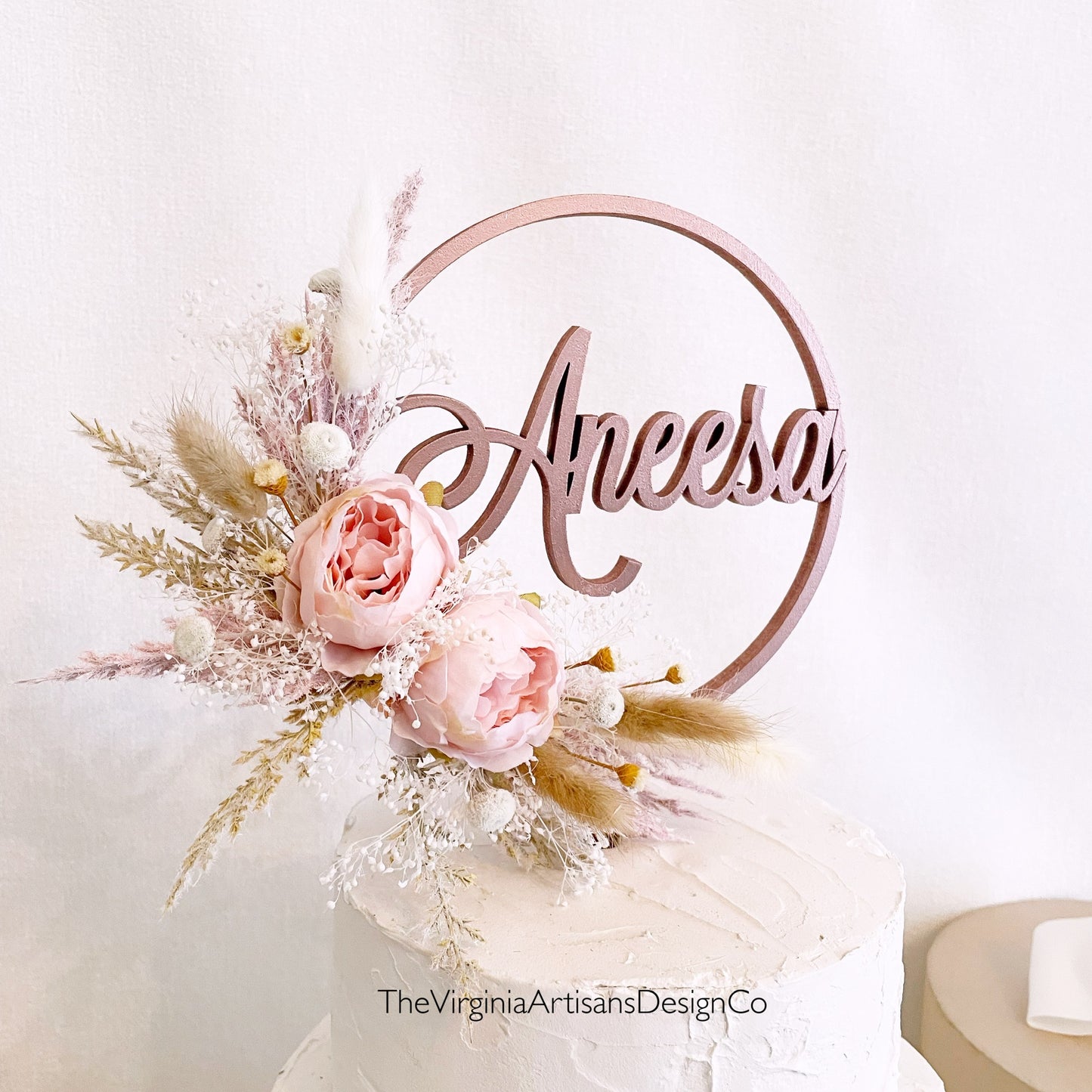 Hoop Cake Topper with Name - Blush or Cream Small Peonies with Dried Flowers