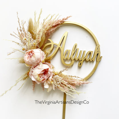 Hoop Cake Topper with Name - Blush or Cream Small Peonies with Dried Flowers