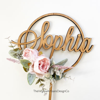 Hoop Cake Topper with Name - Blush Peonies with Lambs Ear