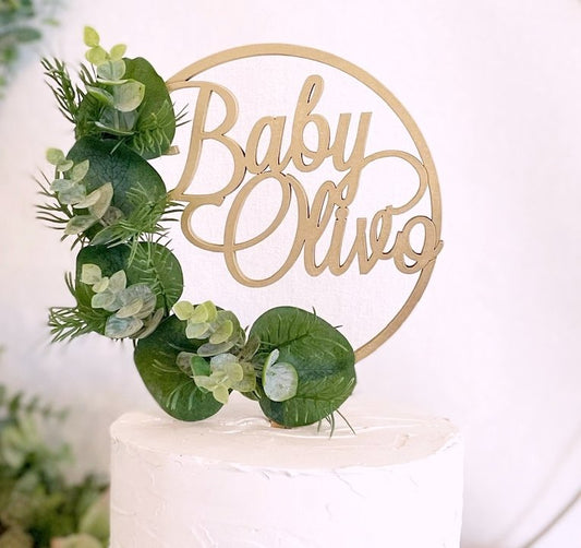 Hoop Cake Topper - With Baby Name - Eucalyptus Florals