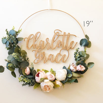 19 Inch Wreath with Name - Blush Peonies