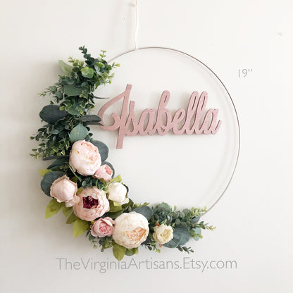 19 Inch Wreath with Name - Blush Peonies