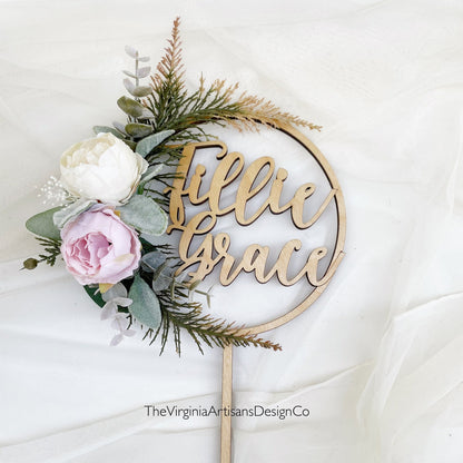 Personalized Floral Cake Topper - Blush/Cream Dried Flowers