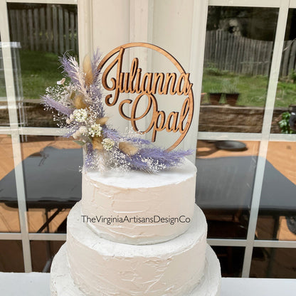 Personalized Dried Flowers Cake Topper - Lavender Color/ Cream
