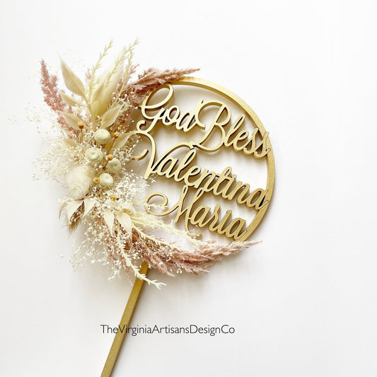 God Bless - Name Cake Topper - Blush/Cream Dried Flowers