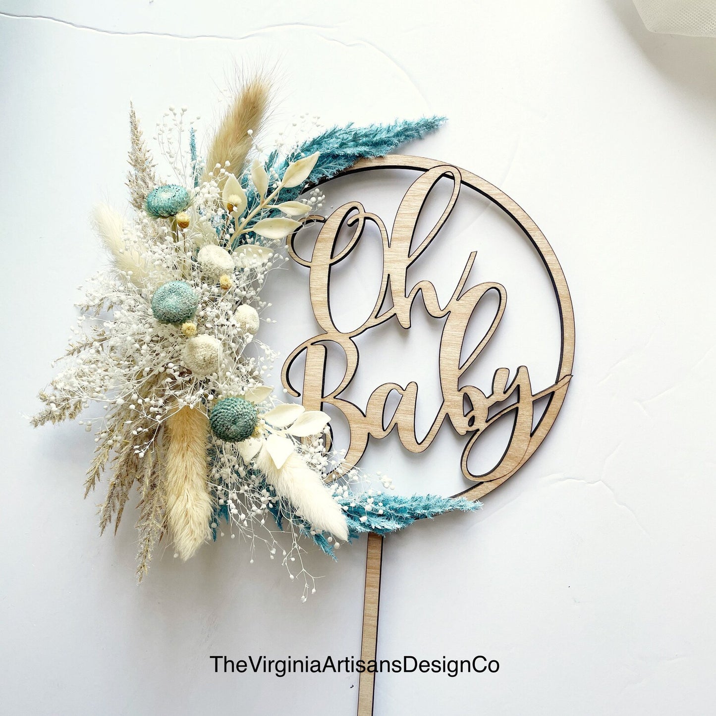 Oh Baby - Hoop Cake Topper with Blush, Cream and Blue Dried Flower Options