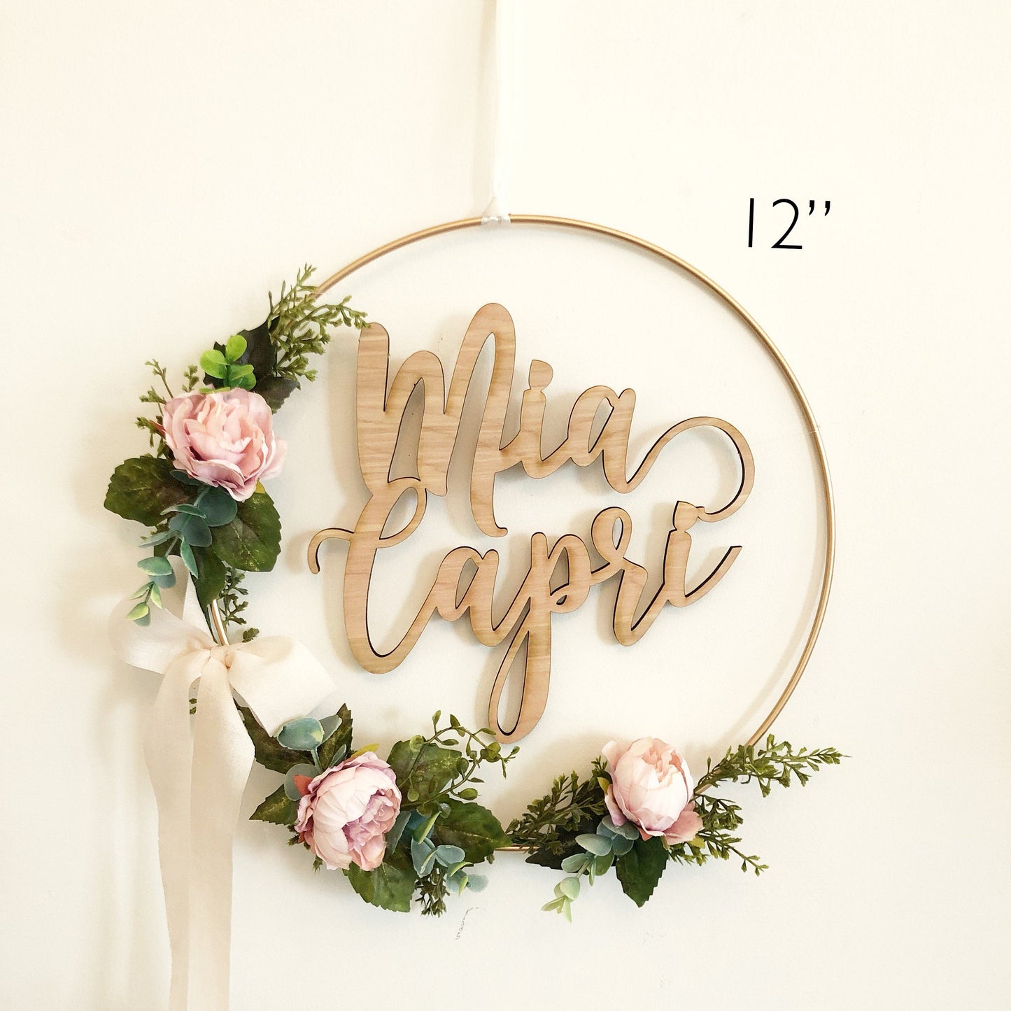 19 Inch Nursery Wreath With Name - Blush and Cream flowers available