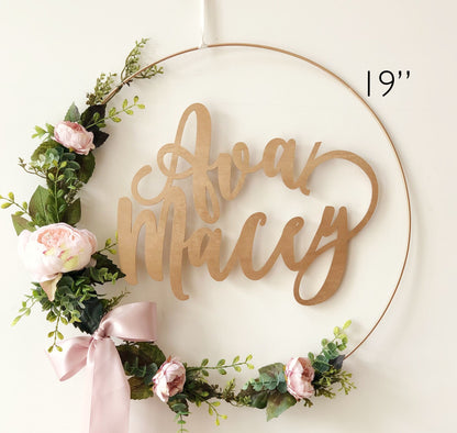 19 Inch Nursery Wreath With Name - Blush and Cream flowers available